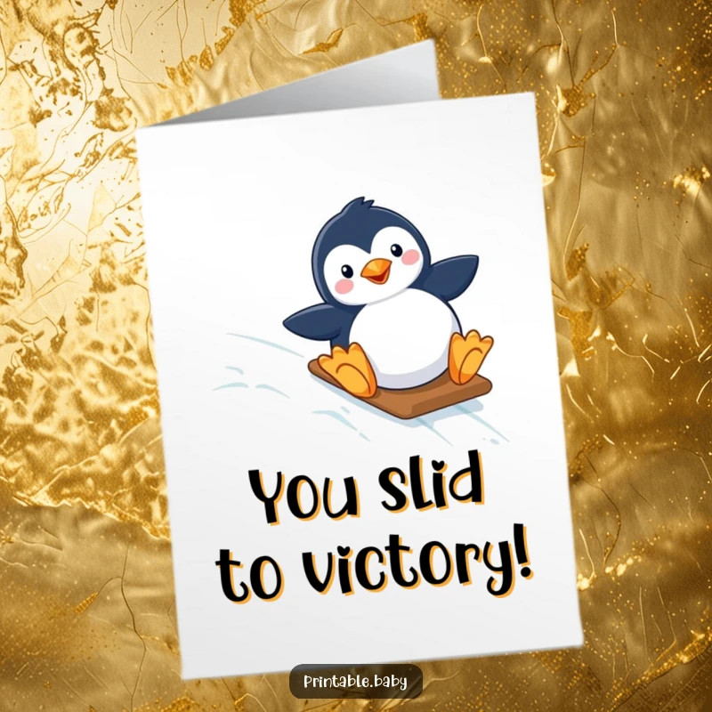Funny Free Printable Penguin Congratulations Card: Penguin celebrating big slide down a starry slope, conveying excitement.