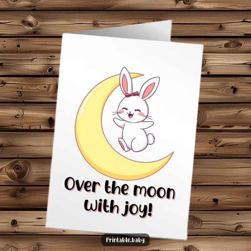 Funny Free Printable Congrats Card: Giggling bunny hopping on a crescent moon, celebrating an achievement.