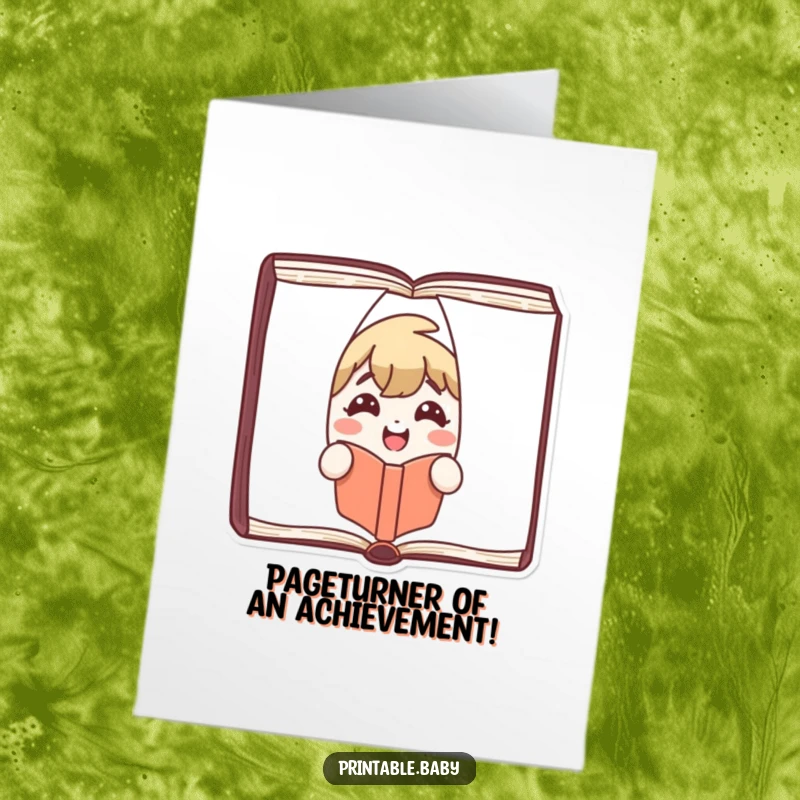 Funny Free Printable Congratulations Card with a smiling book character popping out from between pages.