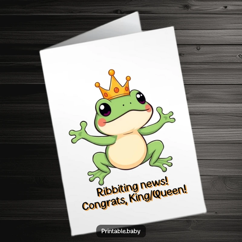 Funny Free Printable Congratulations Card of a frog in a crown making a triumphant leap.
