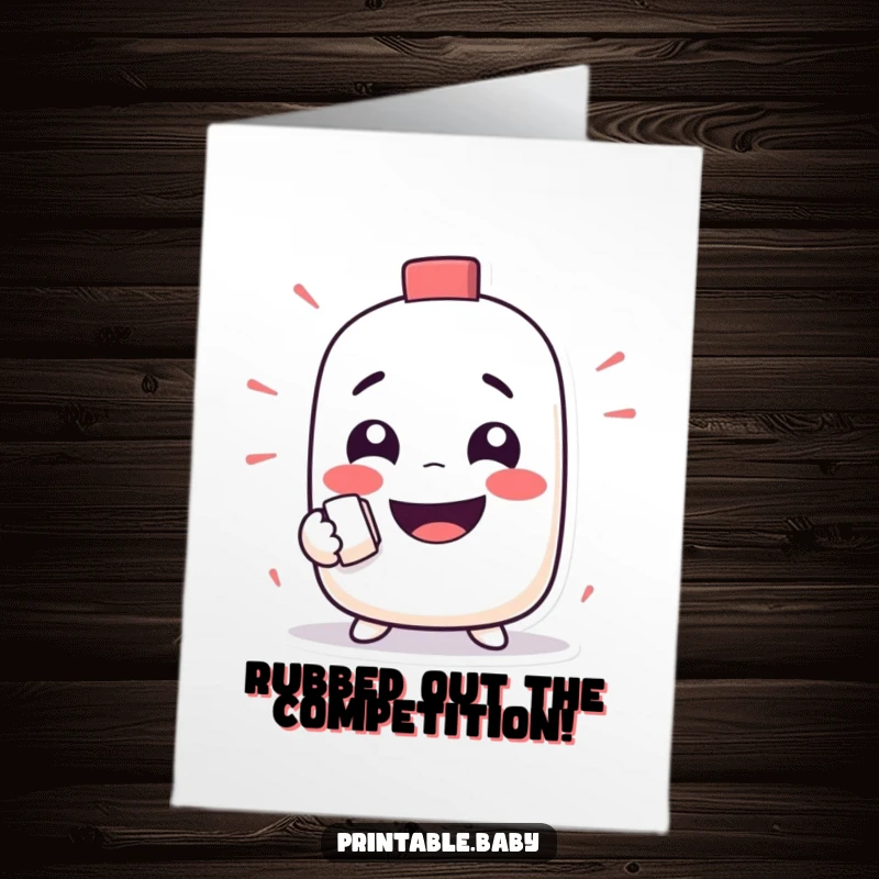 Funny Free Printable Congrats Card: A mischievous eraser character is happily rubbing out a funny face, signifying a clean slate for new triumphs.