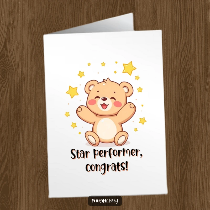 Free Printable Congratulations Card: A delighted teddy bear happily catches sparkling stars, symbolizing a brilliant achievement and bright future.