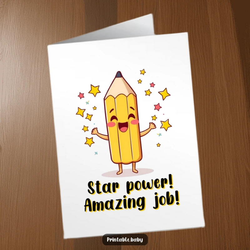 Funny Free Printable Congratulations Card showing a giddy pencil character excitedly scribbling a shower of colorful stars, celebrating achievement.