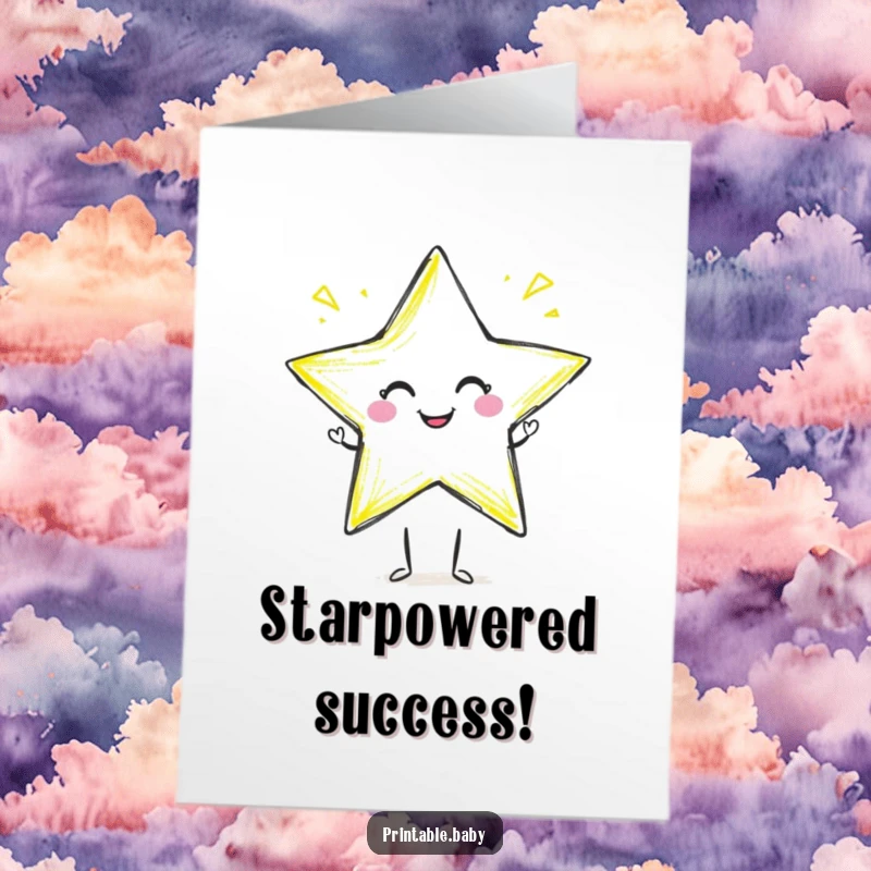 Funny Free Printable Congratulations Card: Happy crayon character drawing a star with a flourish, celebrating success.