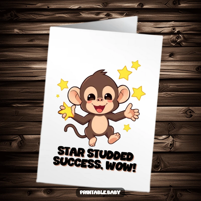 Funny Free Printable Monkey Congratulations Card: A mischievous monkey juggling bright, glowing stars, celebrating an achievement.