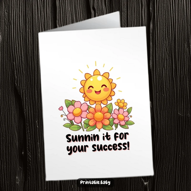 Free Printable Congratulations Card: A giggling sun beams its bright light upon happy, beaming flowers, signifying a wonderful achievement.