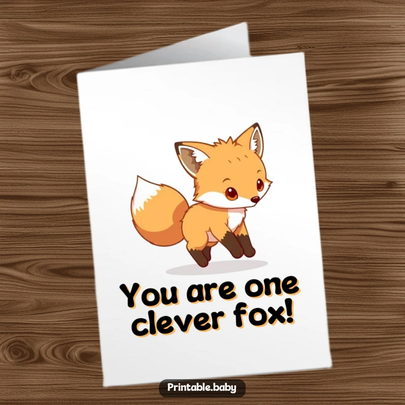 Funny Free Printable Congratulations Card: A little fox cub spins playfully while chasing its bushy tail in celebration.