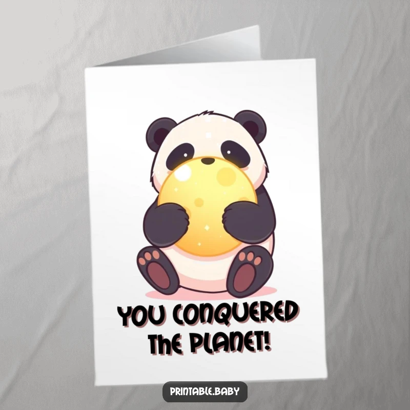 Funny Free Printable Panda Congratulations Card: Adorable panda giving a warm hug to a glowing planet.