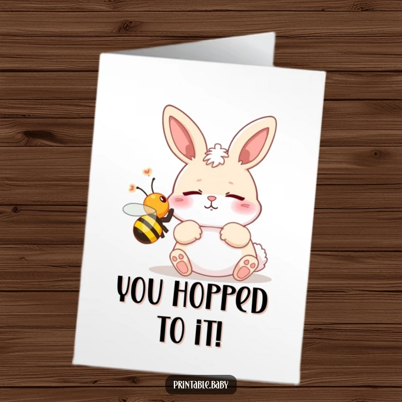 Funny Free Printable Congratulations Card: A sleepy bunny looks bewildered as a buzzing bee startles it awake with a jolt.