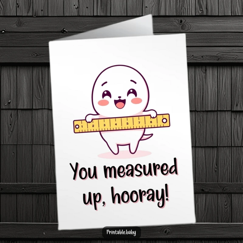 Funny Free Printable Congratulations Card featuring a delighted ruler character precisely measuring a whimsical loop-de-loop pattern.