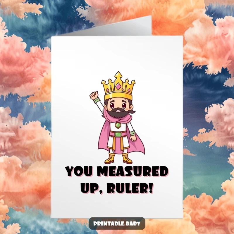 Funny Free Printable Ruler Congratulations Card: A victorious ruler character poses atop a finished artistic drawing.
