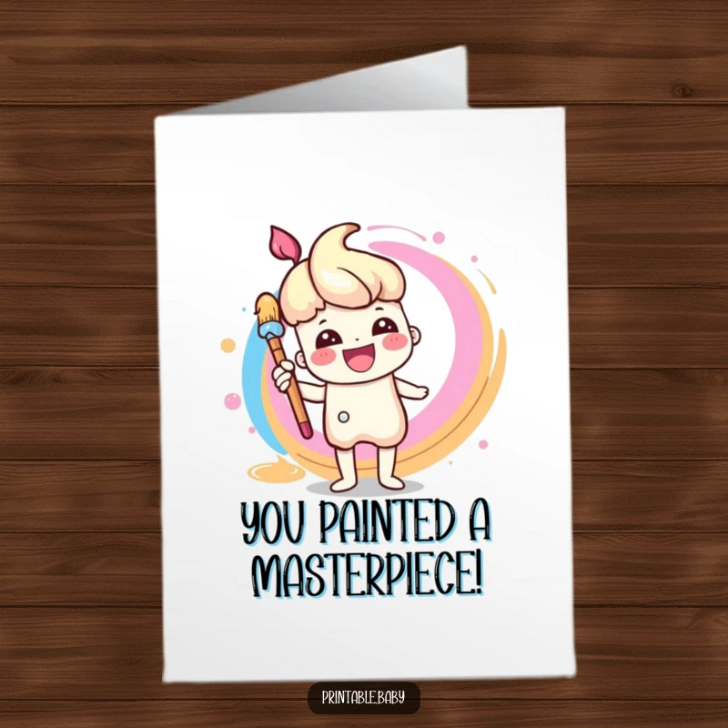 Free Printable Congratulations Card: A cheerful paintbrush character excitedly painting a rainbow swirl.