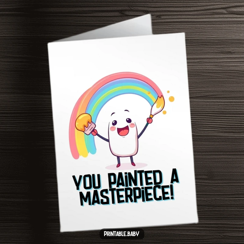 Funny Free Printable Congratulations Card: Cheerful paintbrush character excitedly swirling a rainbow arc, celebrating achievement artistically.