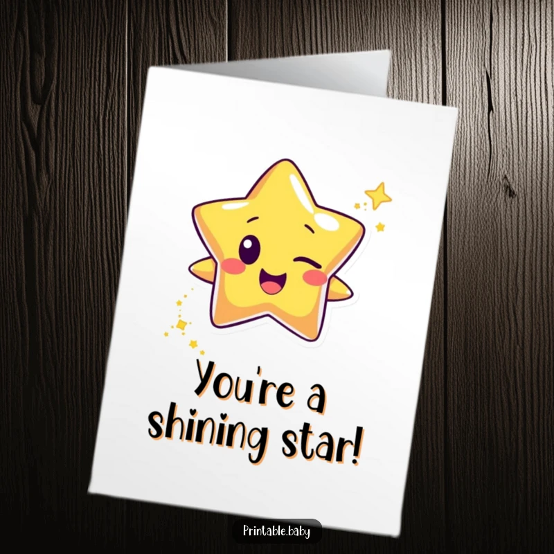 Funny Free Printable Congratulations Card: Happy star character winking and leaving glitter, celebrating a big win.