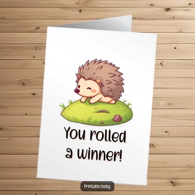 Funny Free Printable Congratulations Card: Amused hedgehog mid-roll down a sunny hill, perfect for celebrating wins.