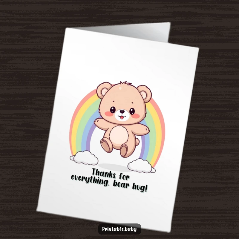 Funny Free Printable Bear Thank You Card: A fluffy bear cub bouncing on a colorful rainbow, expressing thanks.