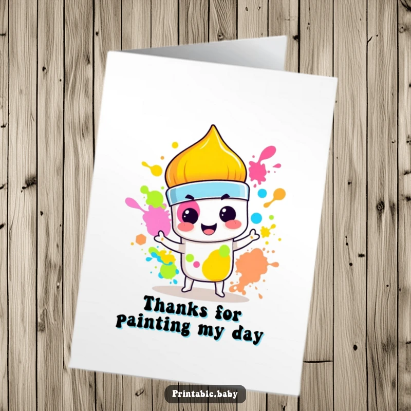 Funny Free Printable Thank You Card showing a mischievous paintbrush character with a smirk, creating a vibrant splash of colors.