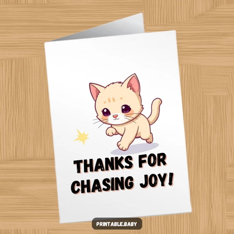 Funny Free Printable Thank You Card: Curious kitten chasing a sparkly comet tail, conveying thanks with flair.