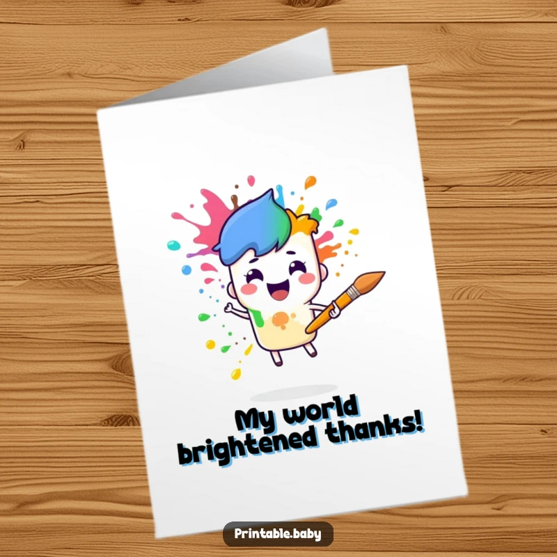 Funny Free Printable Thank You Card: Paintbrush character splattering a rainbow, expressing colorful thanks.