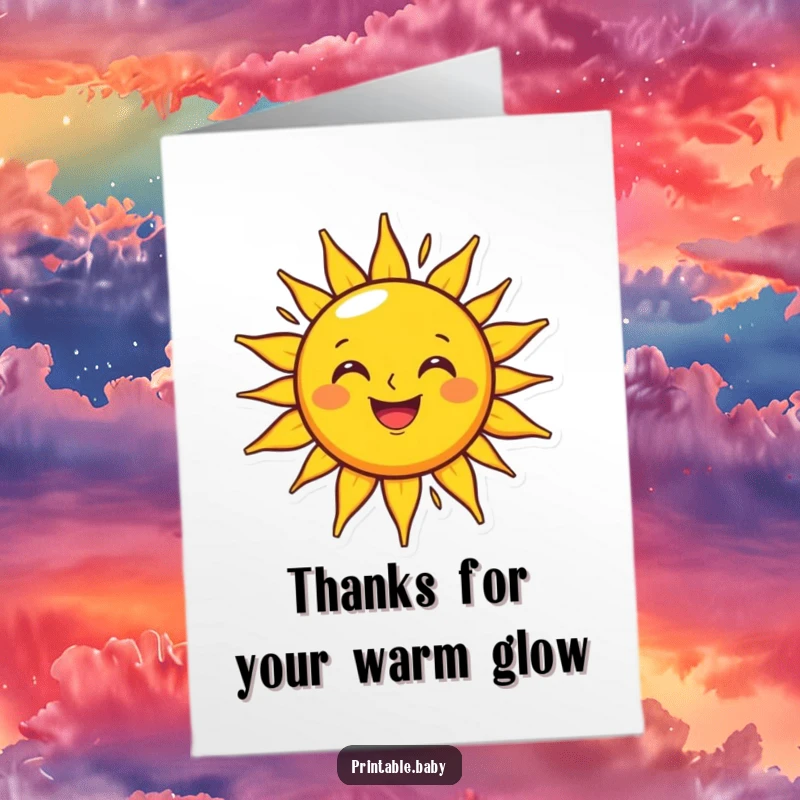 Funny Free Printable Thank You Card depicting a smiling sun character shining brilliantly on a happy outline.