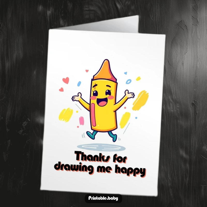 Funny Free Printable Thank You Card: Playful crayon character dancing around a sketchbook, expressing thanks artistically and humorously.