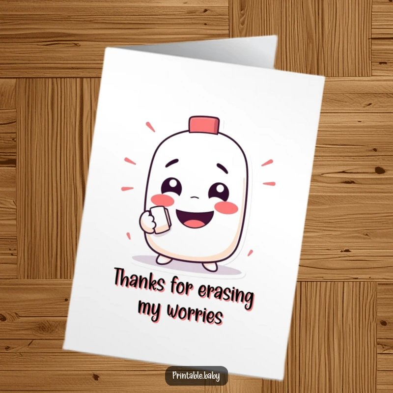Funny Free Printable Thank You Card: A mischievous eraser character happily rubs out a funny face, offering a unique way to express thanks. Witty design.