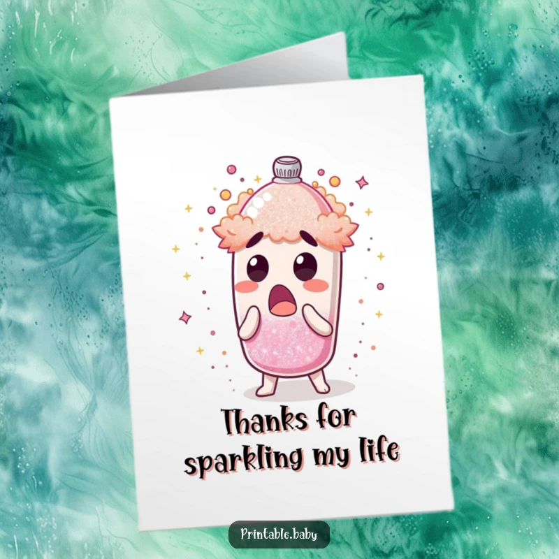 Funny Free Printable Thank You Card: A surprised glitter shaker character showers dust, offering thanks. A sparkly and humorous way to express gratitude.