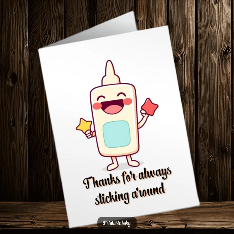Funny Free Printable Thank You Card: A laughing glue stick character happily adheres two shapes together.