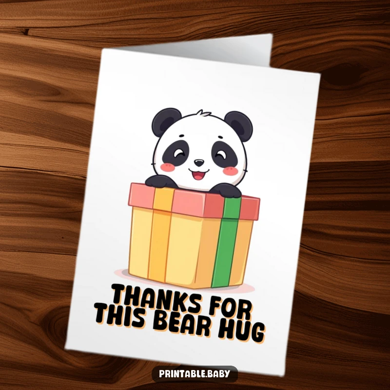 Free Printable Thank You Card: Adorable panda bear peeking out of a big gift box, offering a delightful thank you surprise.