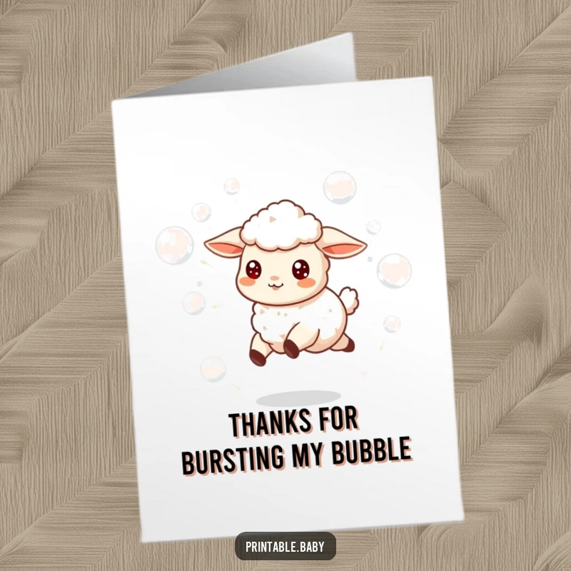 Funny Free Printable Thank You Card: A playful lamb skipping through a sea of bubbles, sending heartfelt thanks.