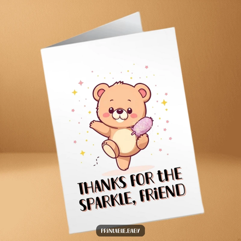 Funny Free Printable Thank You Card: Bear cub covered in glitter from a kicked bomb, looking pleased and thankful.