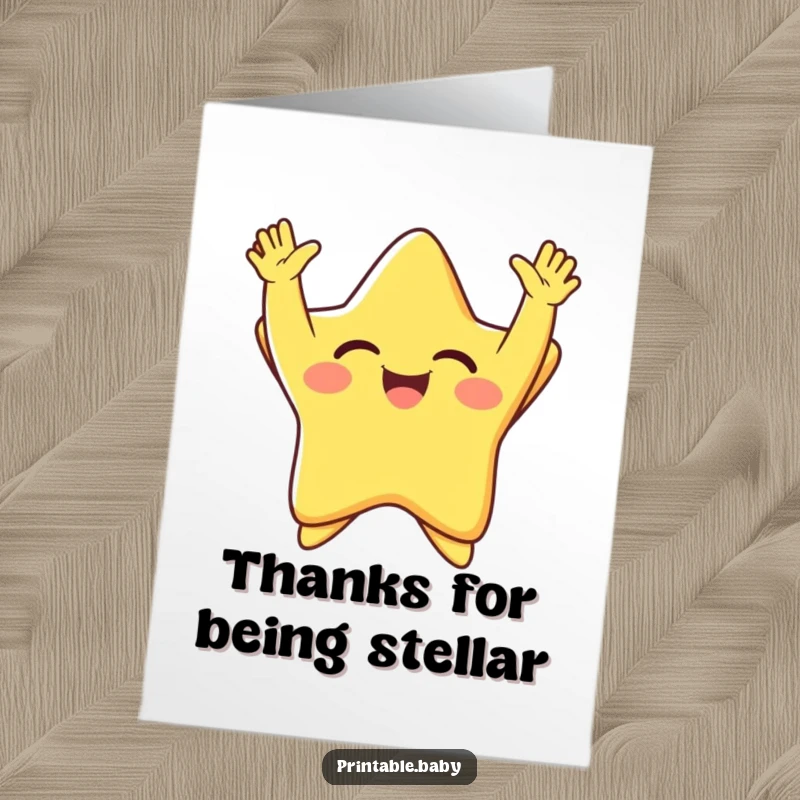 Funny Free Printable Thank You Card showing a happy star giggling with arms in the air.