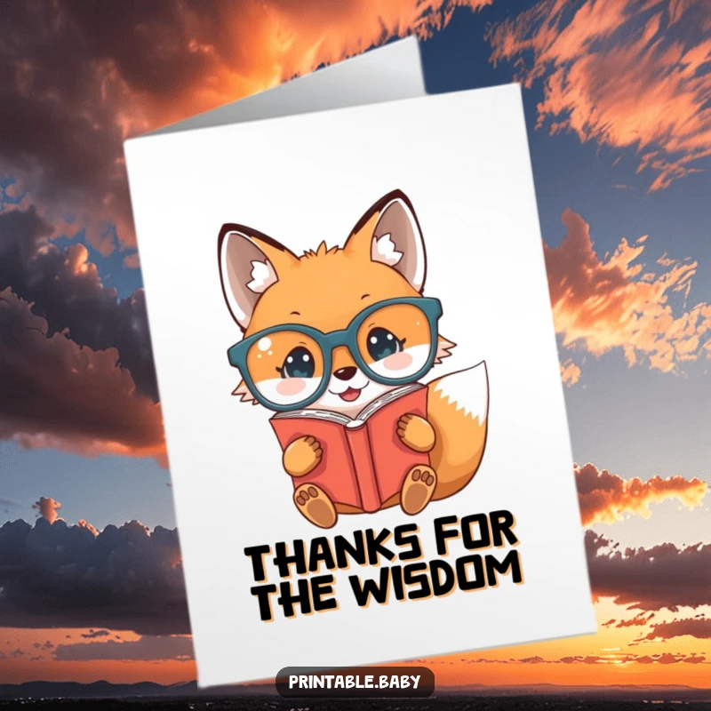 Funny Free Printable Thank You Card: A baby fox in big glasses reads a book upside down, expressing thanks with charm.