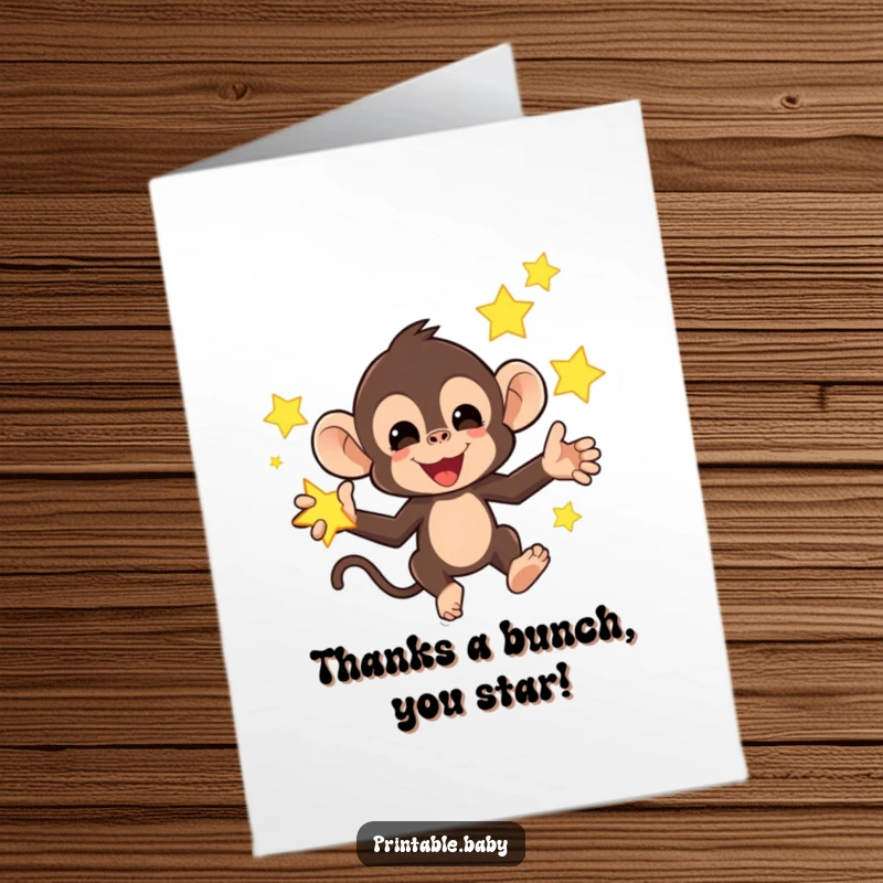 Funny Free Printable Monkey Thank You Card: A mischievous monkey juggling bright, glowing stars, expressing gratitude.