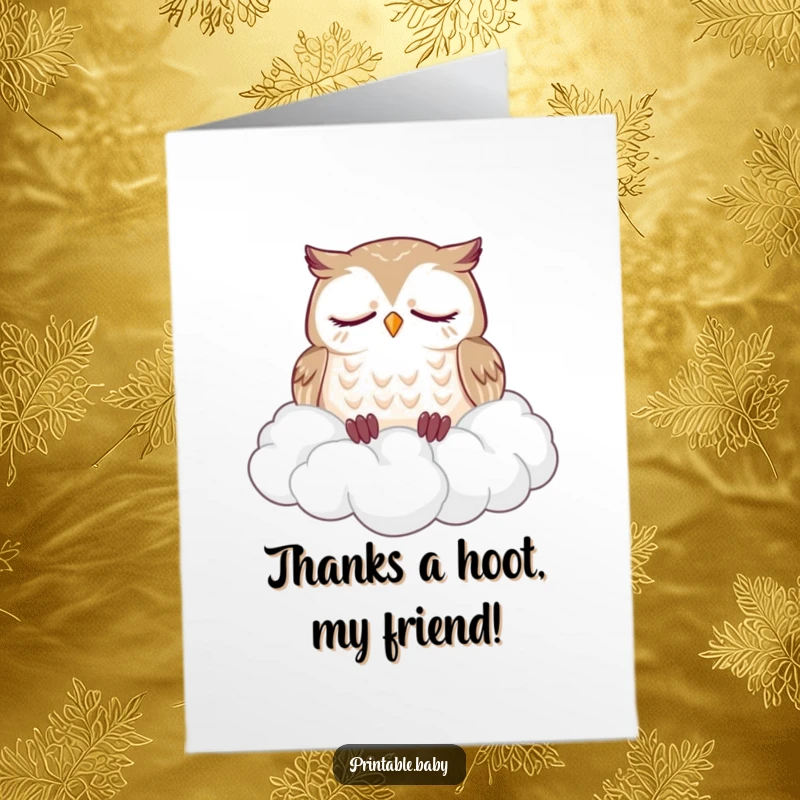 Funny Free Printable Owl Thank You Card: A sleepy owl dozes soundly on a fluffy cloud pile, expressing gratitude.
