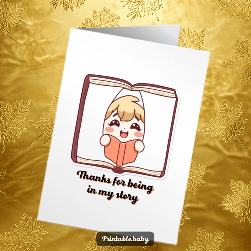 Funny Free Printable Thank You Card featuring a smiling book character peeking out from book pages.