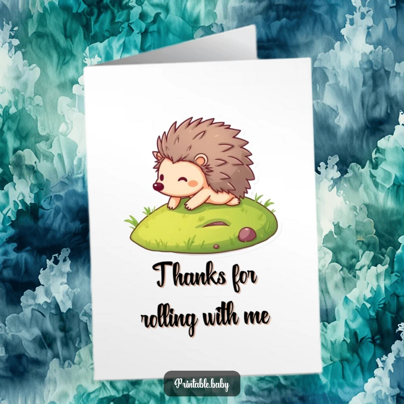 Funny Free Printable Thank You Card: Adorable hedgehog cartwheeling down a hill, expressing thanks with joy.