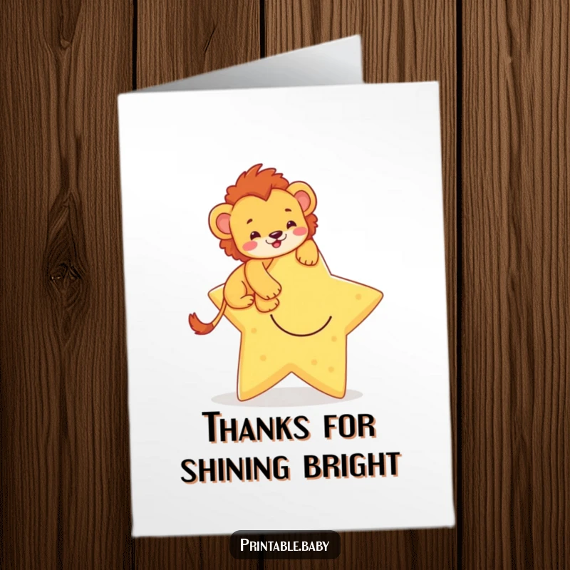 Funny Free Printable Lion Cub Thank You Card: Little lion cub proudly climbing a large smiling star to say thanks.