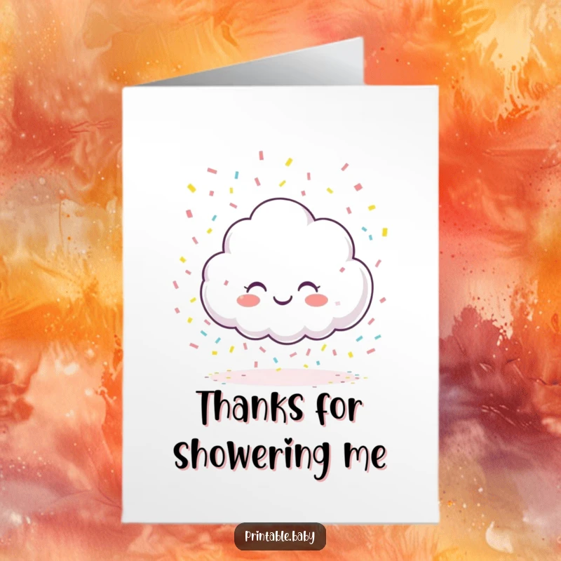 Funny Free Printable Thank You Card: Giggling cloud raining colorful confetti, expressing thanks with a joyful and humorous touch.