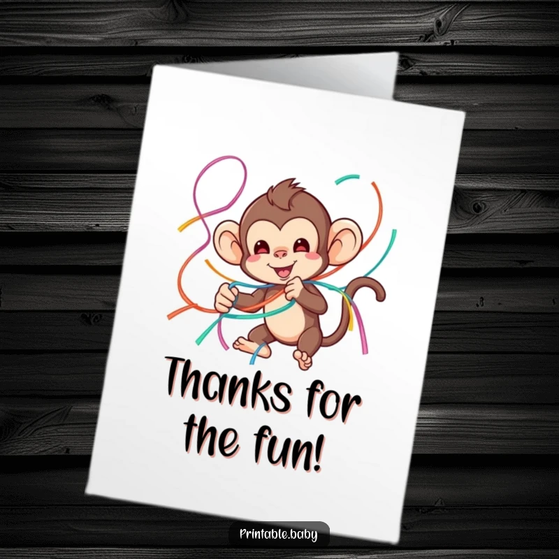 Funny Free Printable Thank You Card of a monkey tangled in streamers, sending thanks with a playful grin.