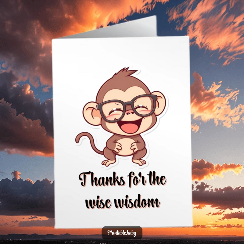 Funny Free Printable Thank You Card: A giggling monkey humorously wearing a pair of ridiculously large spectacles.