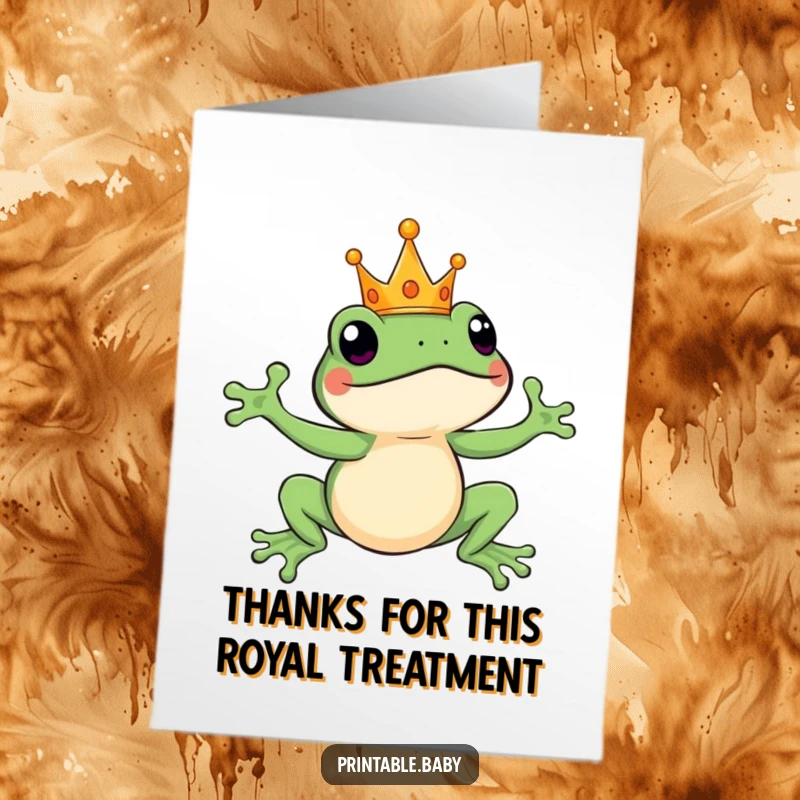 Funny Free Printable Thank You Card: a crowned frog leaping joyfully.