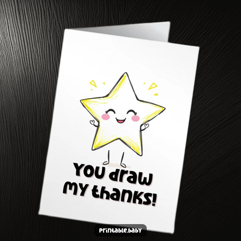 Funny Free Printable Thank You Card: Smiling crayon drawing a star, leaving a trail of thanks.