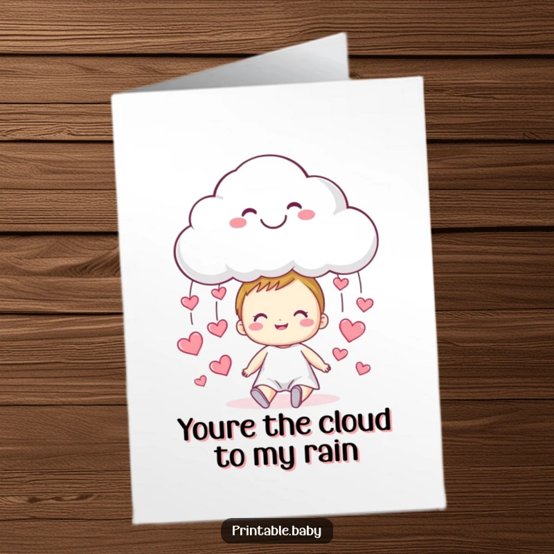 Free Printable Thank You Card: A smiling cloud playfully rains tiny hearts upon a happy child, symbolizing heartfelt thanks.