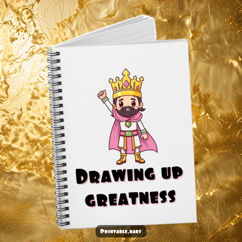 Funny notebook cover with a triumphant ruler character standing on a completed drawing, for creative planning.