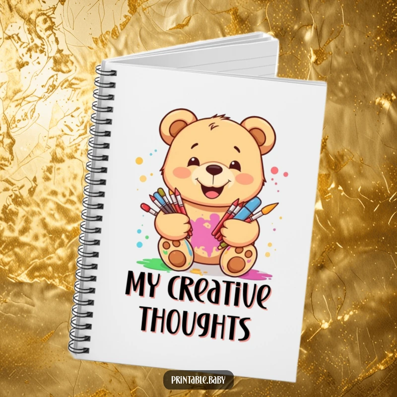 Funny smiling teddy bear notebook, holding art supplies with paint splatters, perfect for sketching, journaling, and creative writing.