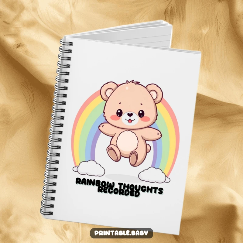 Funny notebook with a fluffy bear cub bouncing on a colorful rainbow, a humorous and inspiring journal for happy thoughts.