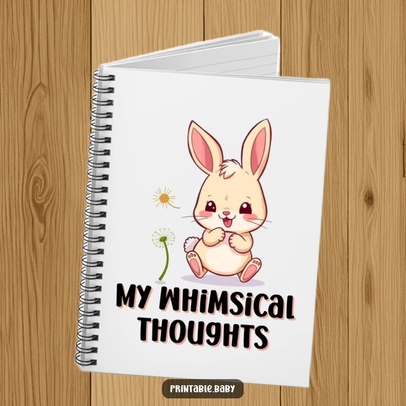 Funny bunny notebook, mischievous bunny playfully chasing a dandelion seed, ready for notes.