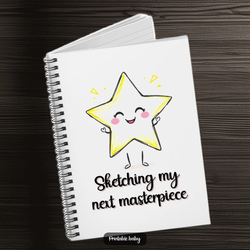 Funny crayon star notebook with a smiling crayon character drawing a star, perfect for jotting down creative thoughts.