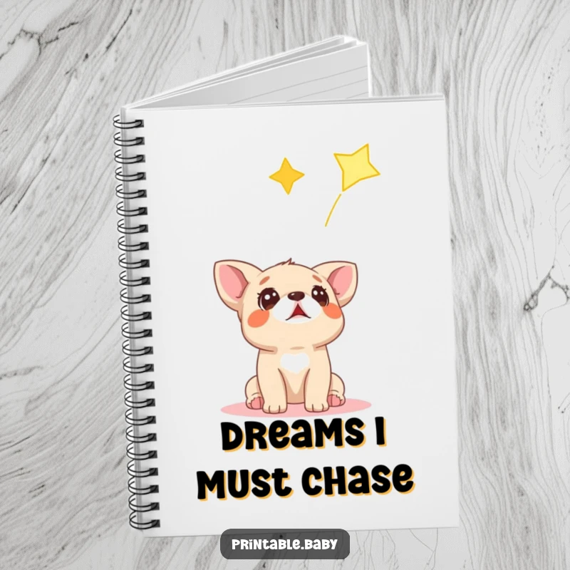 Funny notebook featuring a surprised dog cub looking up at a falling star, inspiring creativity and dreams.